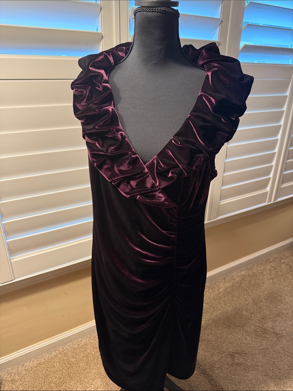 Adrianna Papell Plum Velvet Ruffle V-Neck Midi Dress